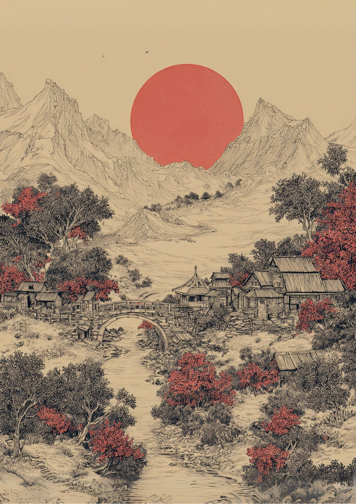 Traditional landscape with red sun, mountains, and village.