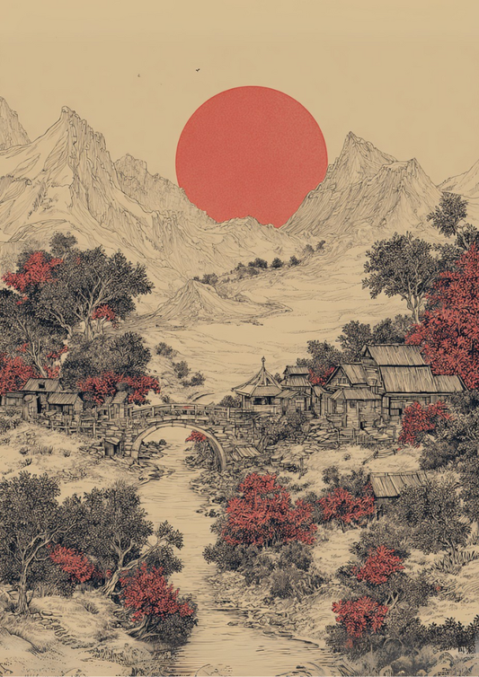 Traditional landscape with red sun, mountains, and village.