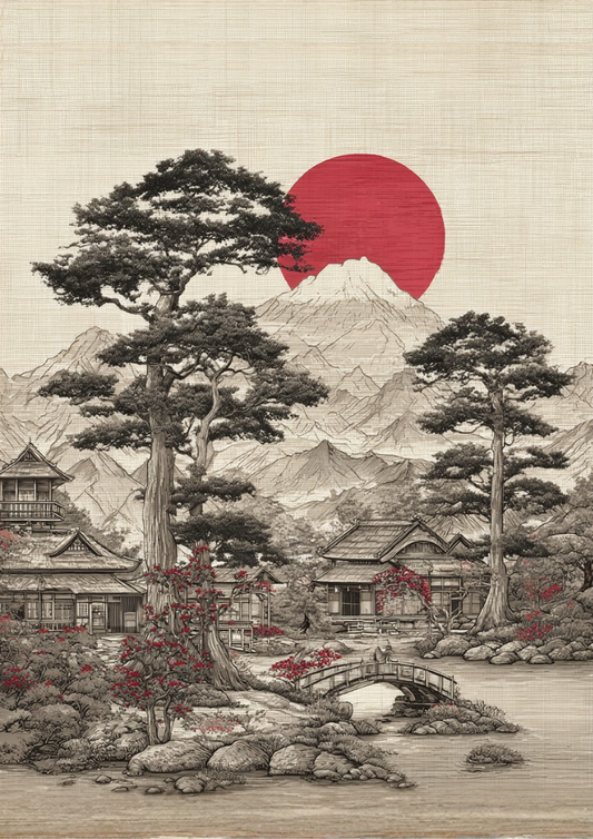 Traditional Japanese landscape with Mount Fuji, red sun, and traditional houses.