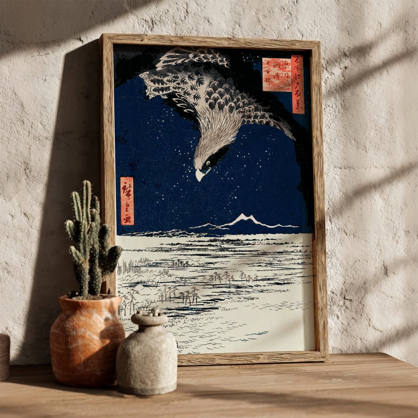 Vintage Japanese Hawk Ukiyo-e art poster by Utagawa Hiroshige, featuring a hawk in flight against a starry