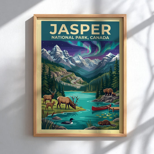 Travel poster of Jasper National Park Canada featuring mountains, northern lights, and wildlife.