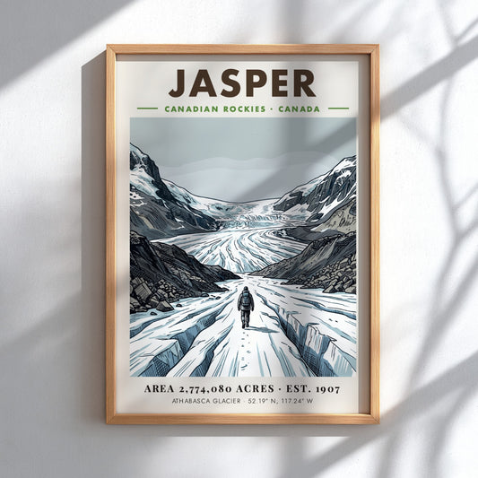 Poster of a hiker walking towards the massive snowy Athabasca Glacier in Jasper