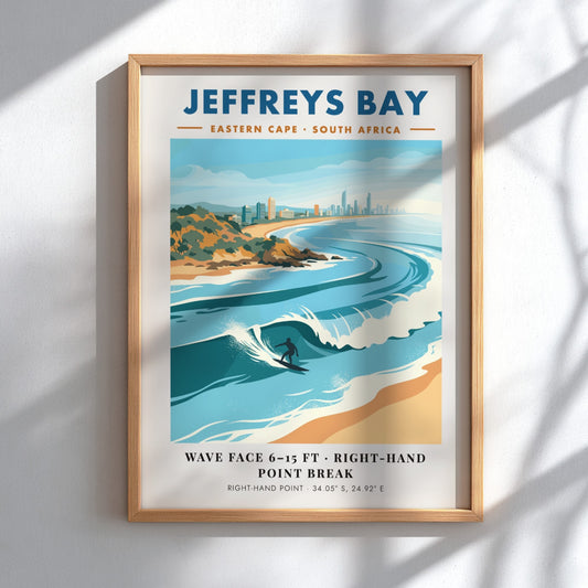 Jeffreys Bay travel poster featuring a surfer on a wave with coastal buildings behind.