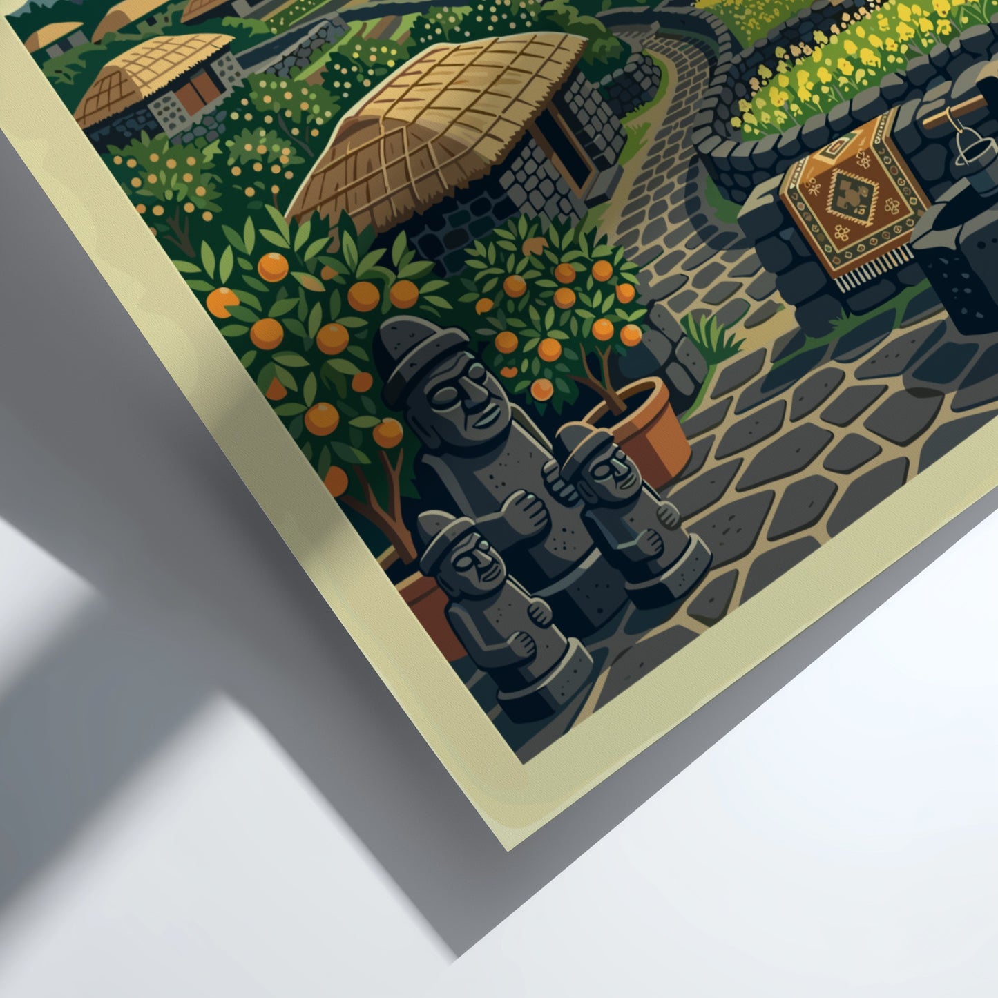 Jeju Village travel poster featuring stone houses, orange trees, and a volcanic crater in a vibrant