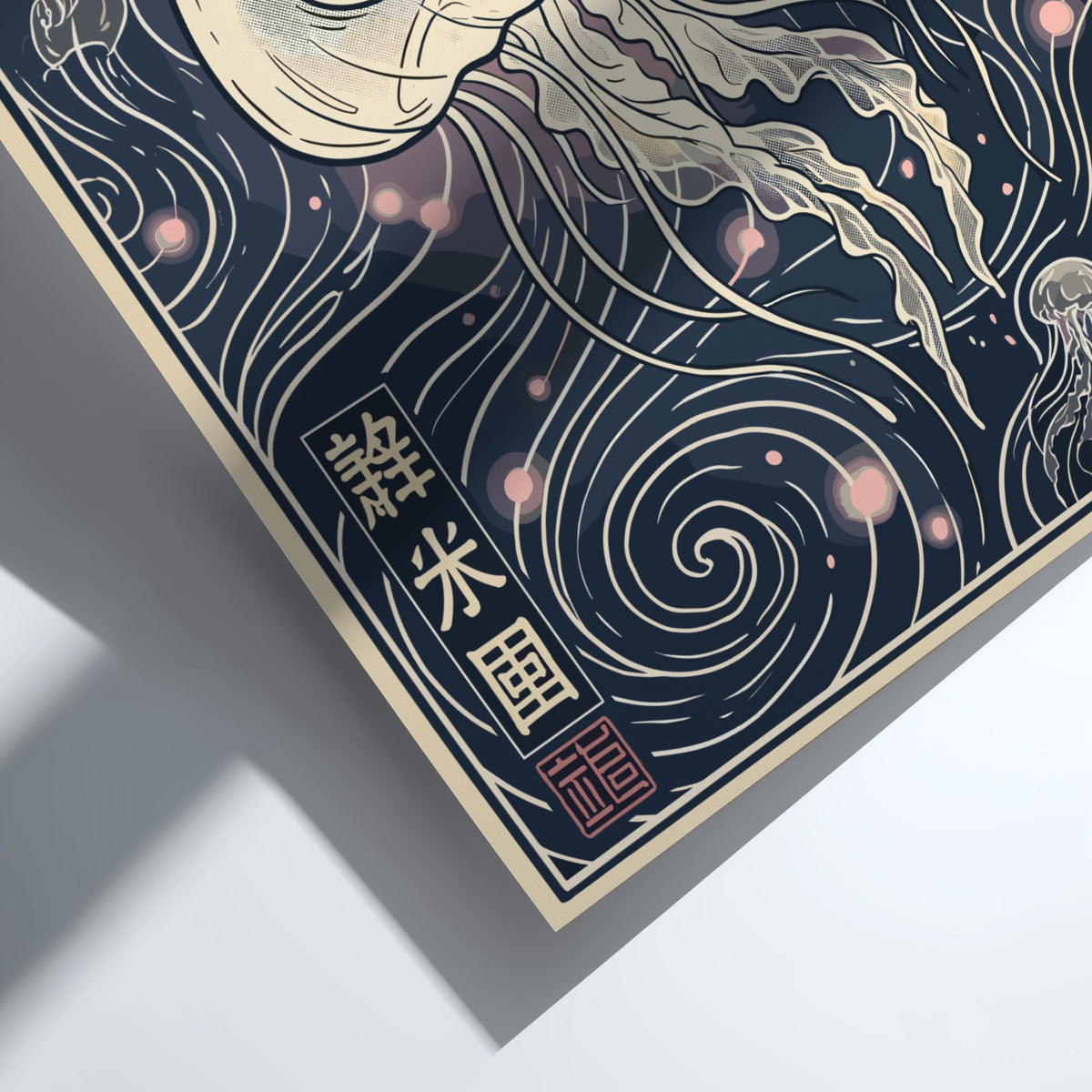 Jellyfish drifting in deep currents with navy and blush tones in a whimsical poster.