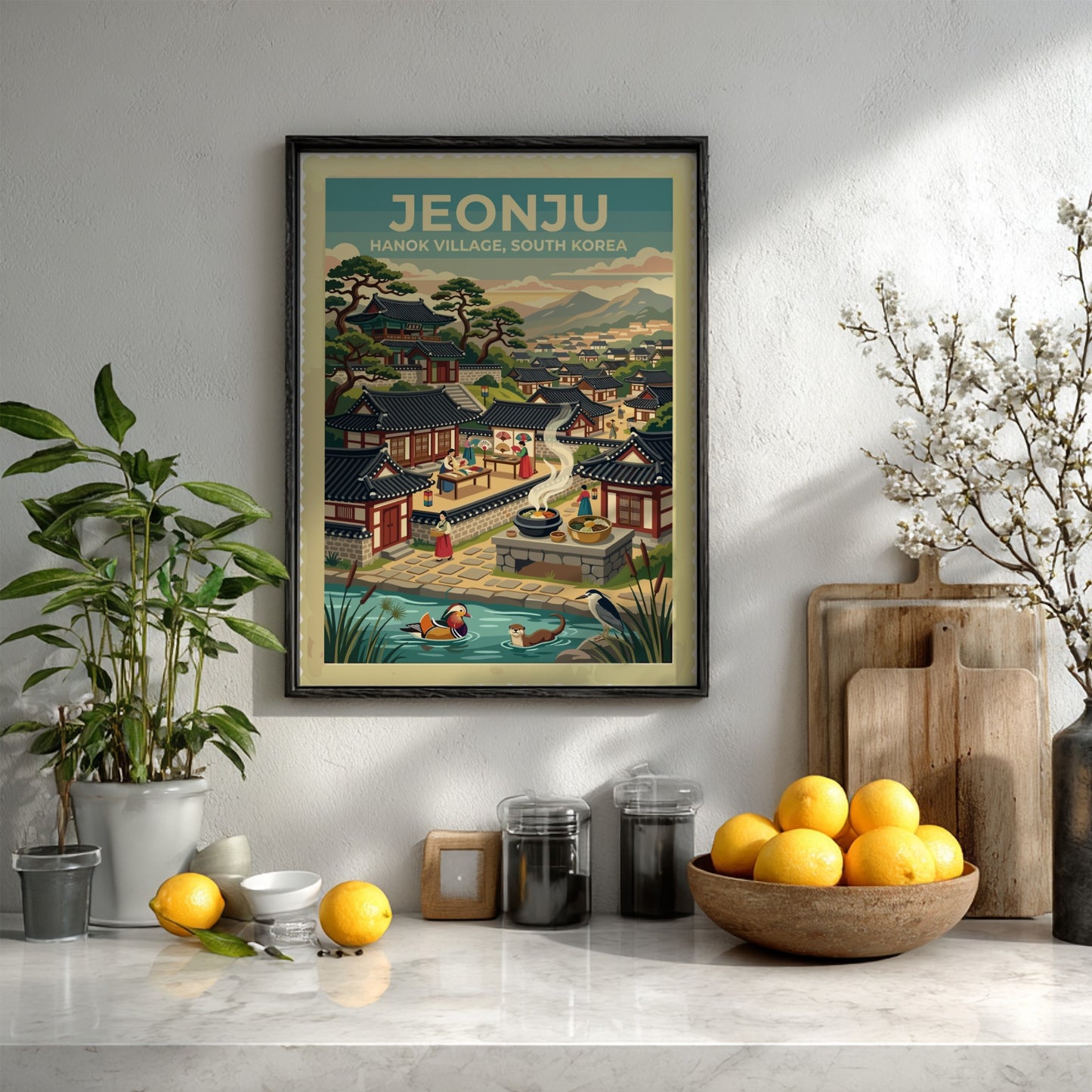 Jeonju Hanok Village poster featuring traditional roofs, mountains, and a peaceful pond scene.