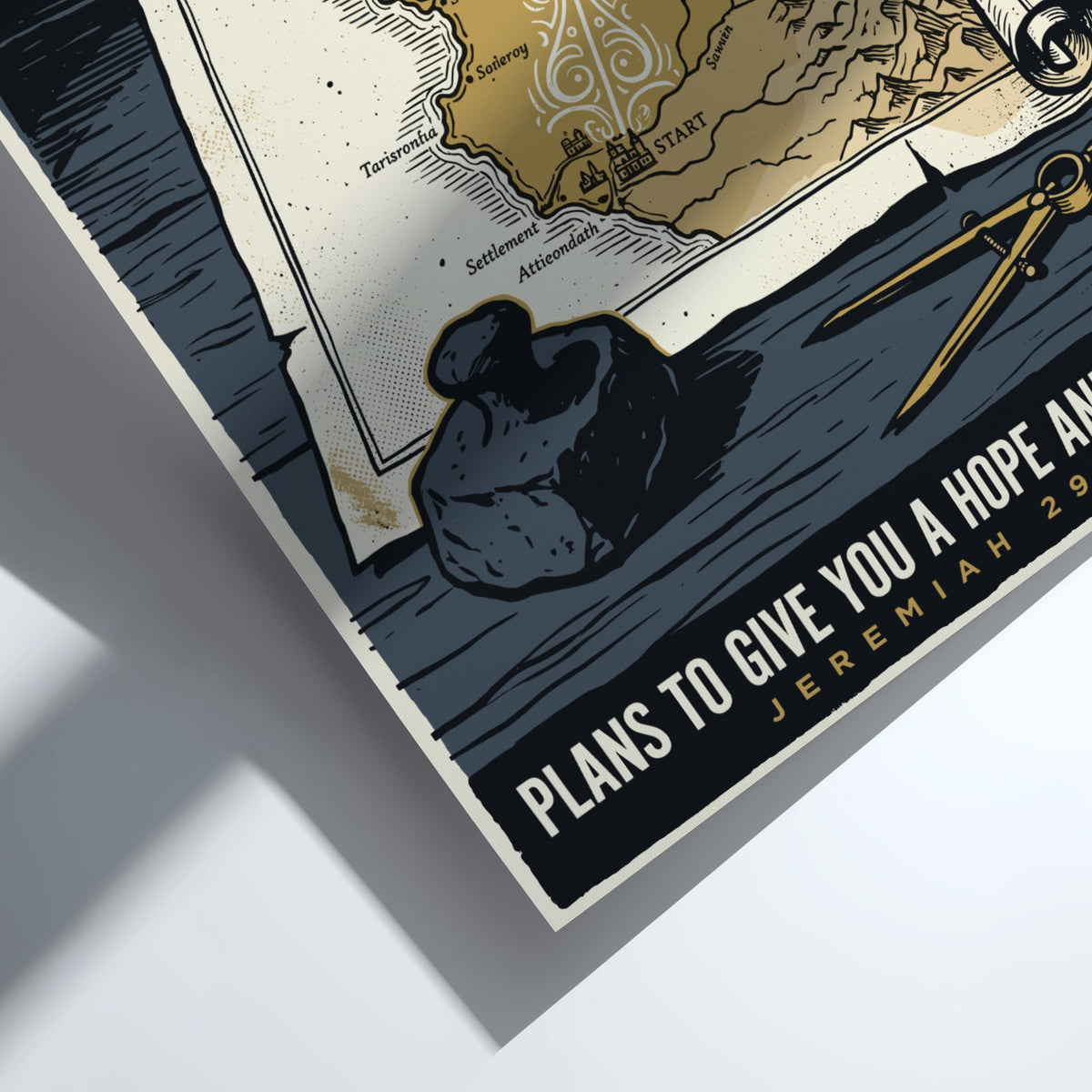 Poster featuring a vintage map with golden light and the words Plans to Give You a Hope