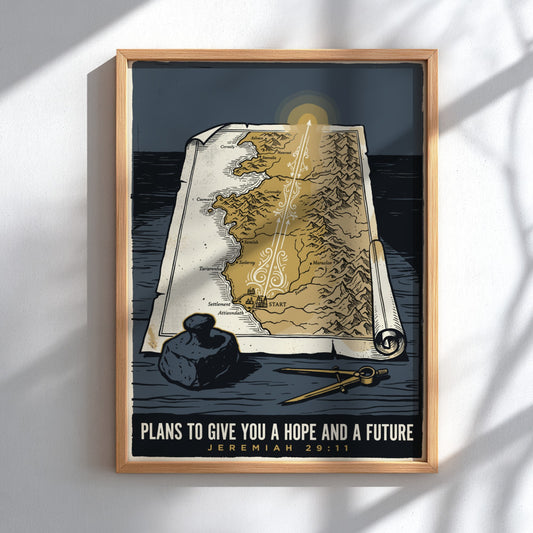 Poster featuring a vintage map with golden light and the words Plans to Give You a Hope