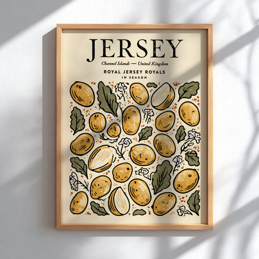Kitchen poster featuring vibrant Jersey potatoes in warm colors, perfect for food art and decor.
