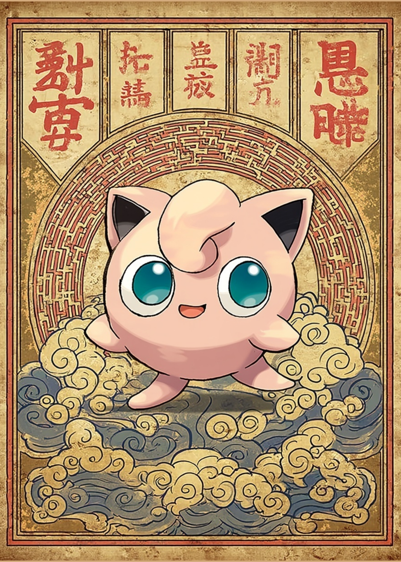 Jigglypuff Pokemon character in a decorative frame with Chinese characters