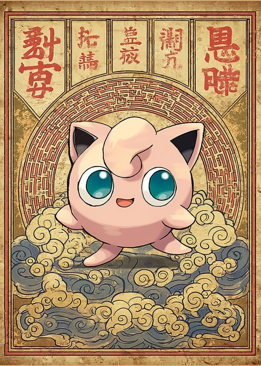 Jigglypuff Pokemon character in a decorative frame with Chinese characters