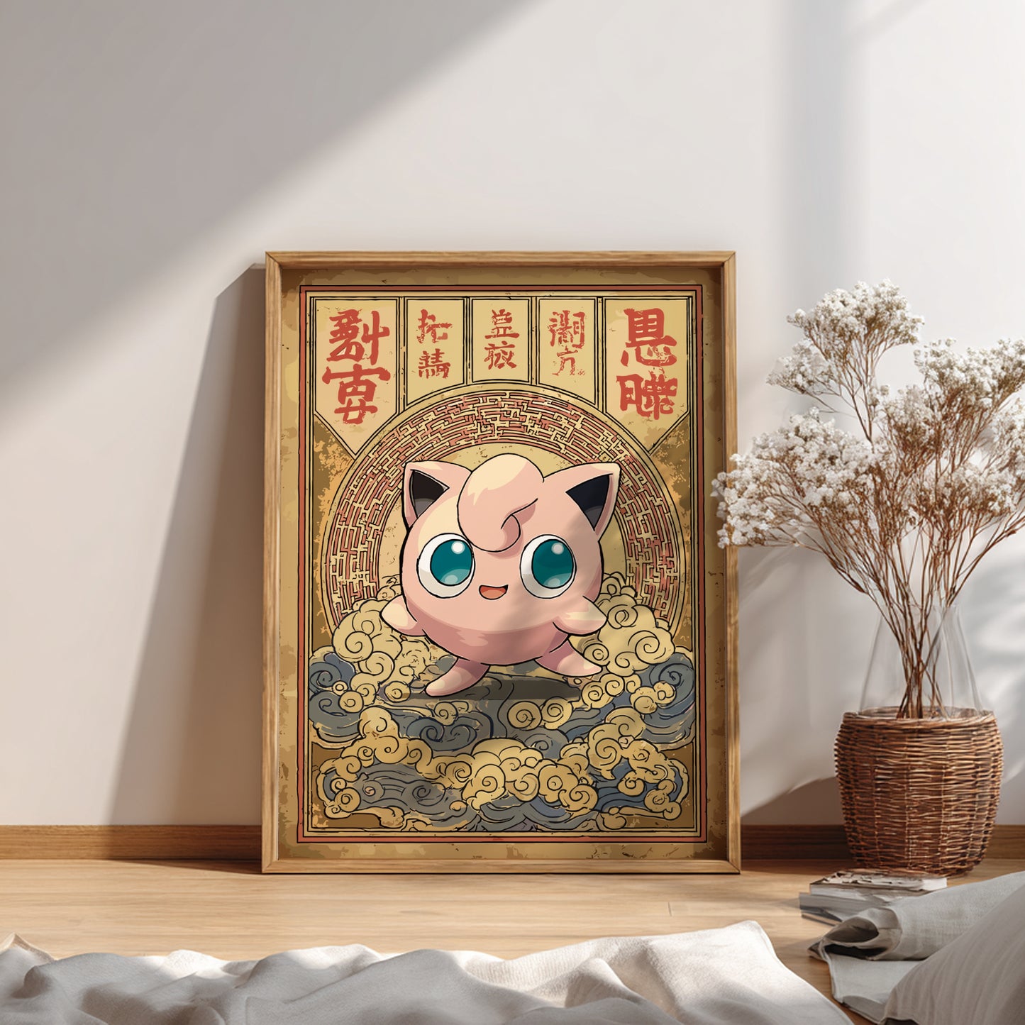 Framed artwork of Jigglypuff Pokemon character with Chinese text on a wall.