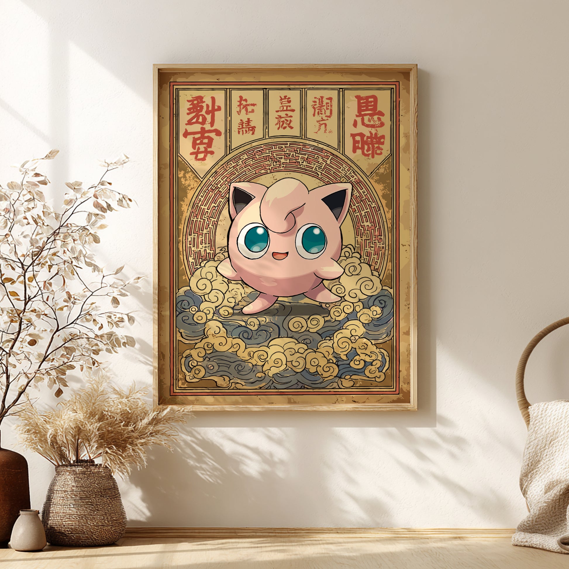 Framed artwork of Jigglypuff Pokemon character on a wall with decorative elements.