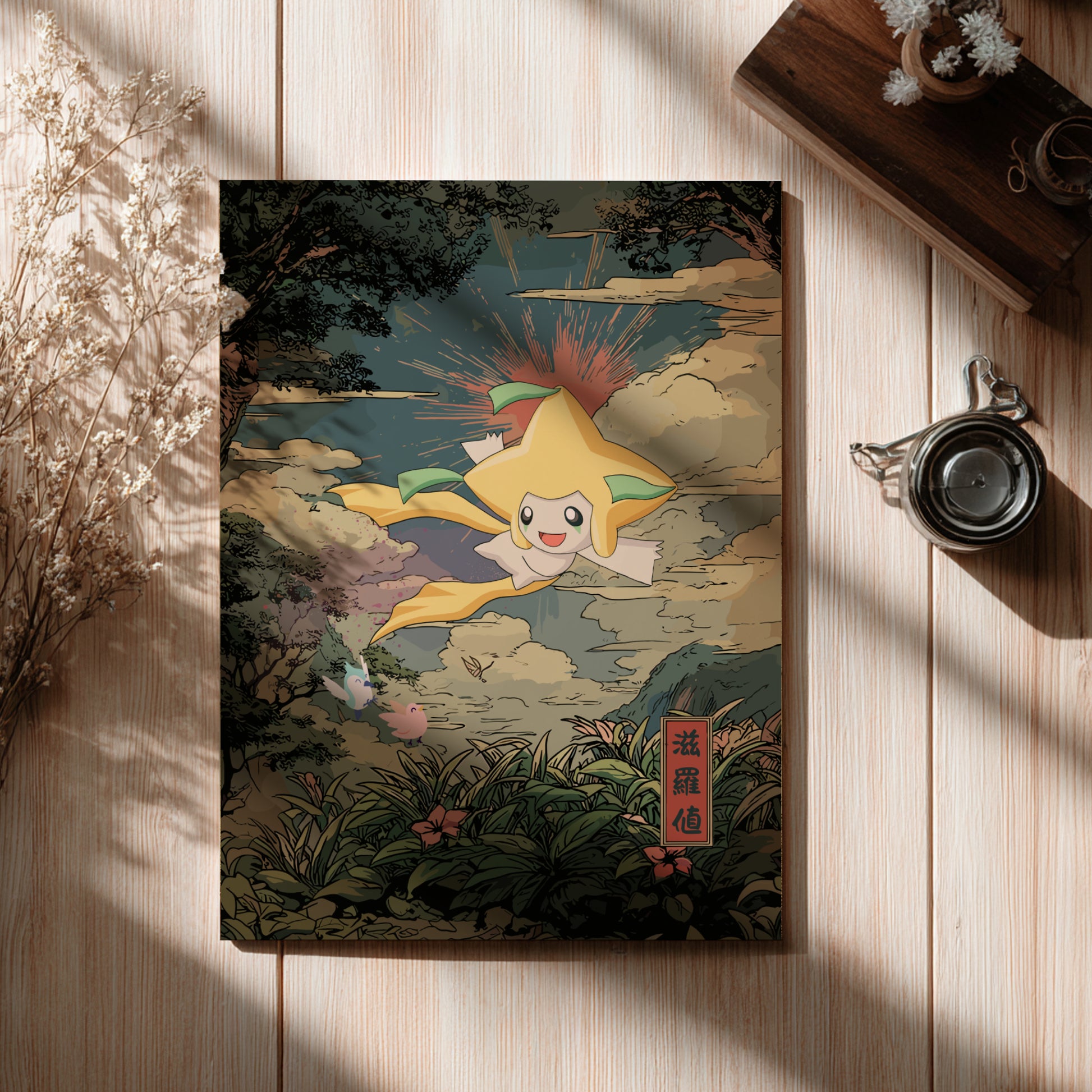 Illustration of Jirachi Pokemon character in a scenic setting on a wooden surface.