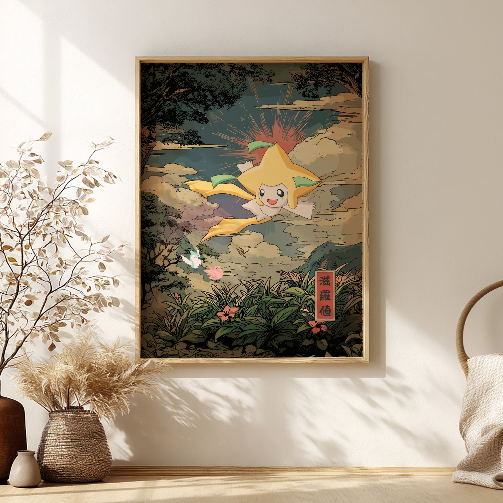 Framed artwork of Jirachi Pokemon character in a natural setting on a wall with decorative elements.