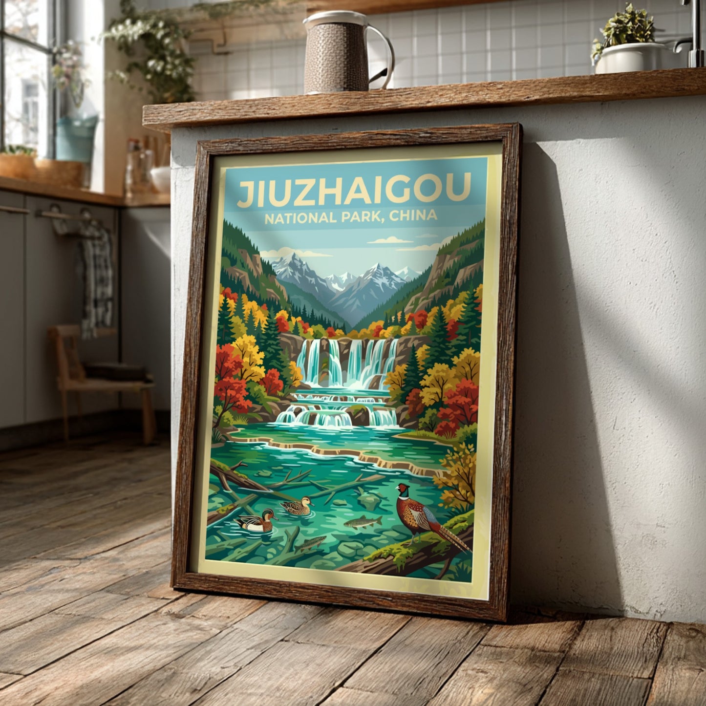 vintage travel poster of Jiuzhaigou National Park with waterfalls and autumn colors