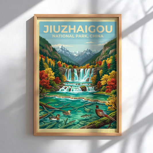 vintage travel poster of Jiuzhaigou National Park with waterfalls and autumn colors