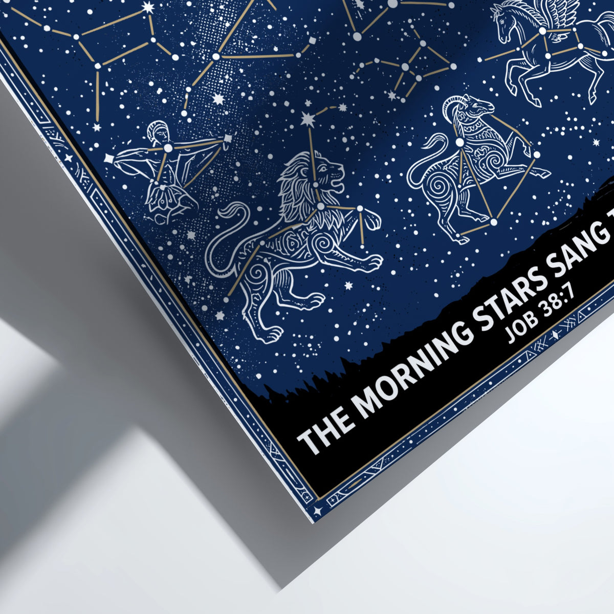 Poster displaying illustrated constellations including a bear and lion on a dark blue background.