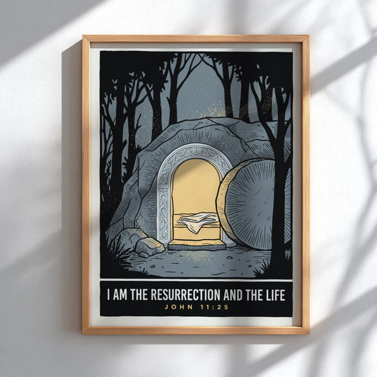 Poster featuring an empty tomb with glowing light and the text I Am The Resurrection