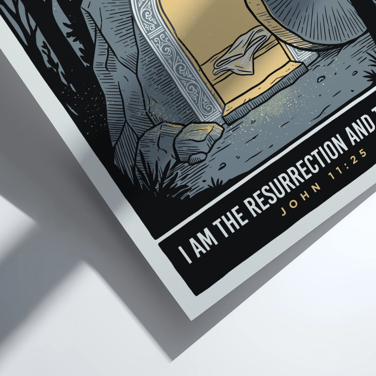 Poster featuring an empty tomb with glowing light and the text I Am The Resurrection