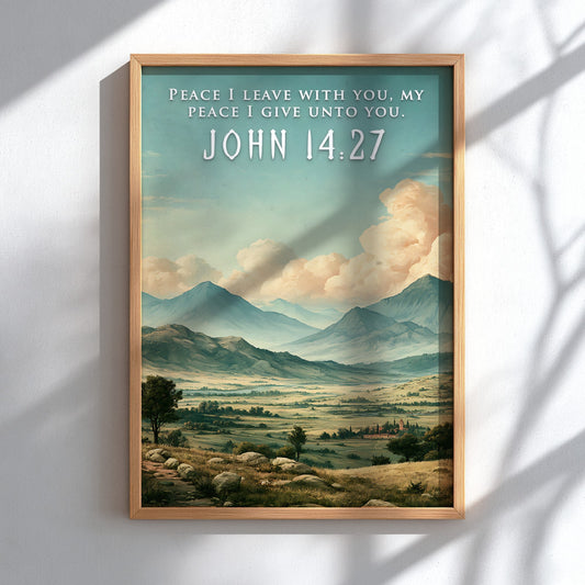 Poster featuring a peaceful mountain valley landscape under soft clouds with Bible verse text.