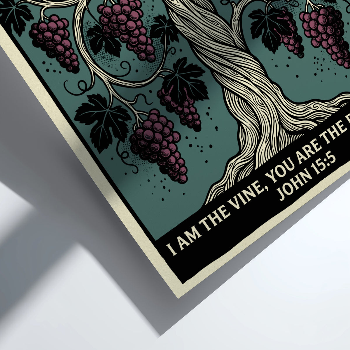 Poster featuring a detailed grapevine illustration with burgundy grapes and the text John 15-5