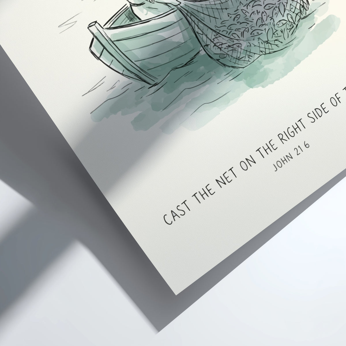 Poster featuring a sketch of fishermen pulling a net of fish into a boat.