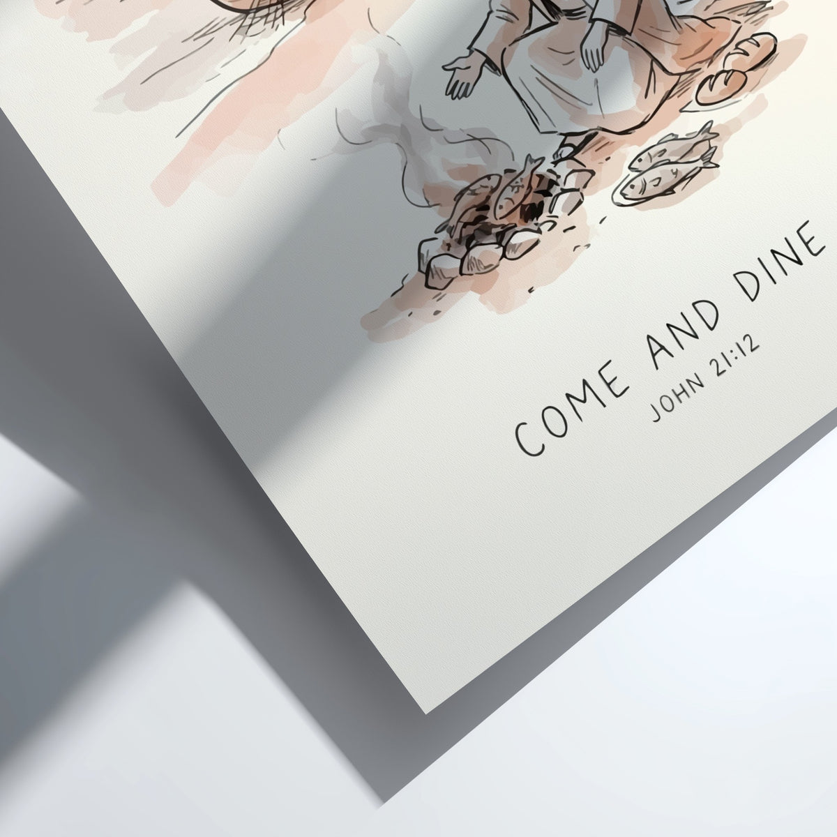 Poster of Jesus sitting by a beach fire with bread and fish, watercolour style