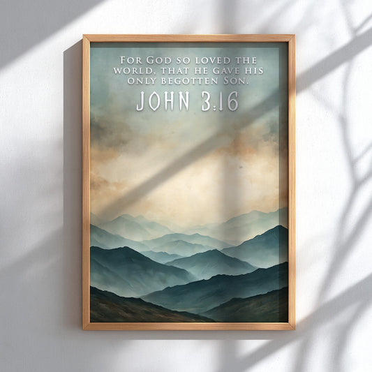 Poster of a mountain landscape with John 3:16 text in soft blue tones.