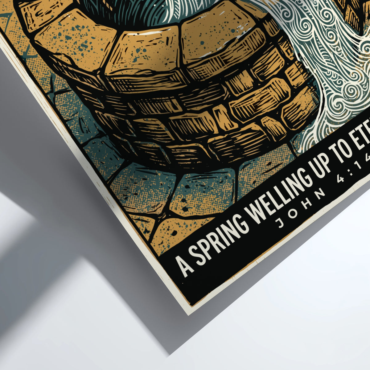 Poster featuring a stone well with flowing water and the quote John 4:14