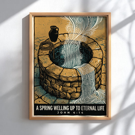 Poster featuring a stone well with flowing water and the quote John 4:14