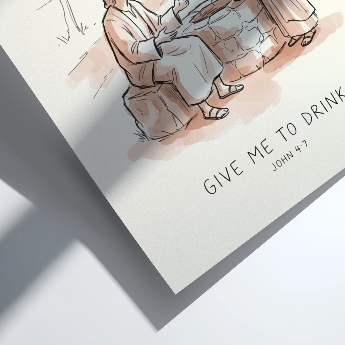 Poster featuring a minimalist illustration of Jesus at a well with the text displayed.