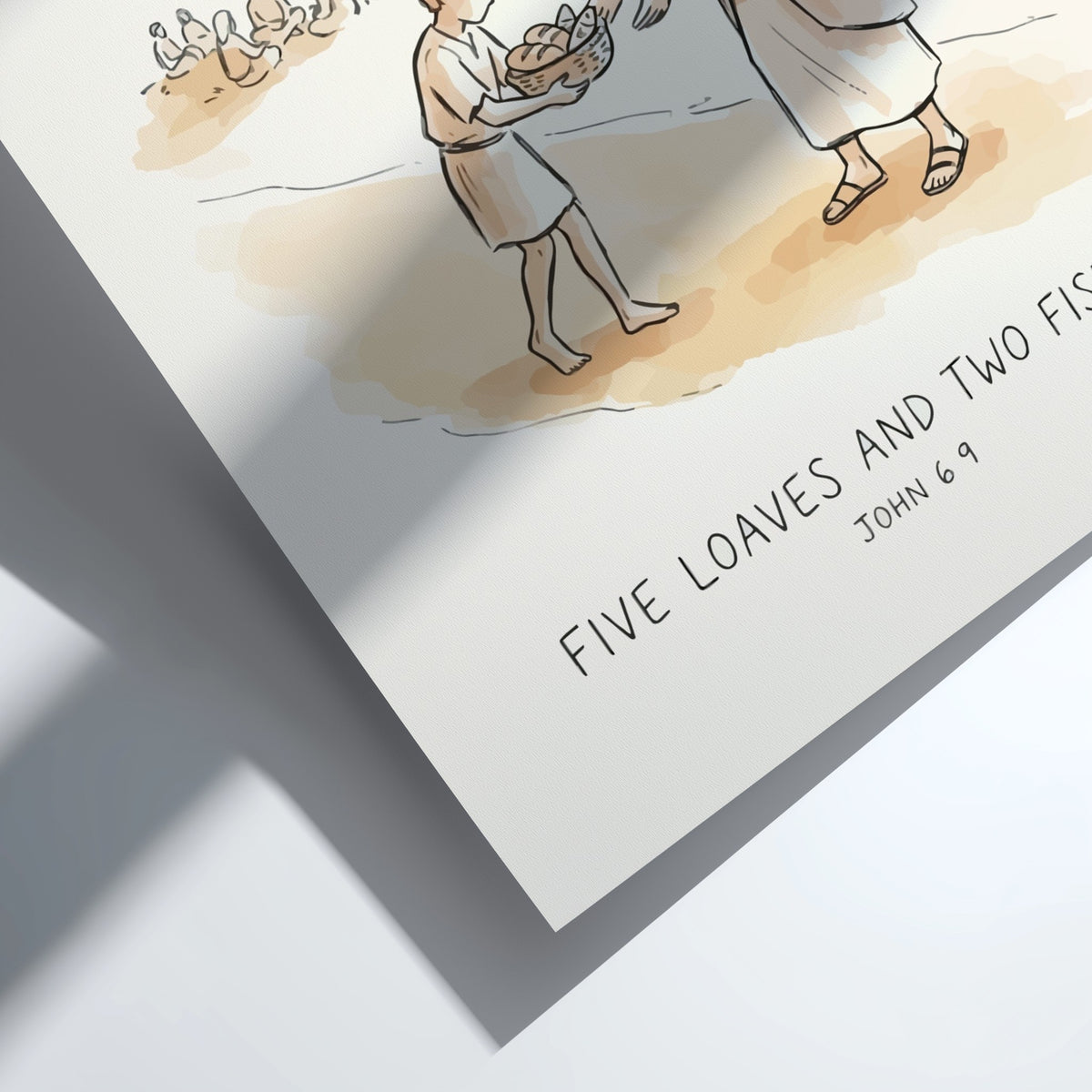 Poster featuring a hand-drawn illustration of Five Loaves and Two Fishes in earth tones.