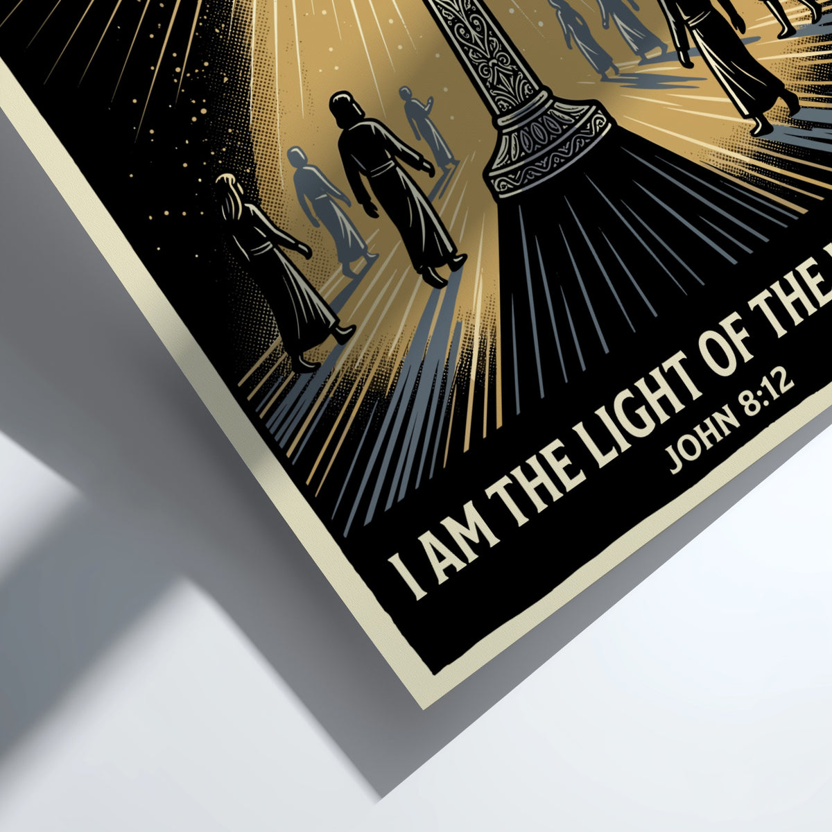 Poster featuring an ornate golden oil lamp radiating light to silhouettes on black