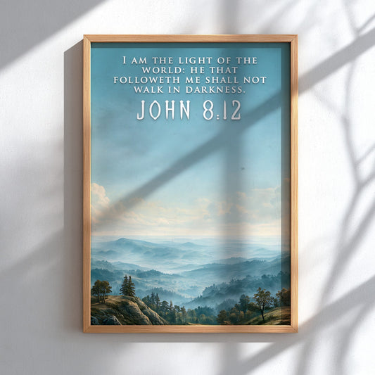 Poster featuring a misty mountain landscape with the quote I am the light.