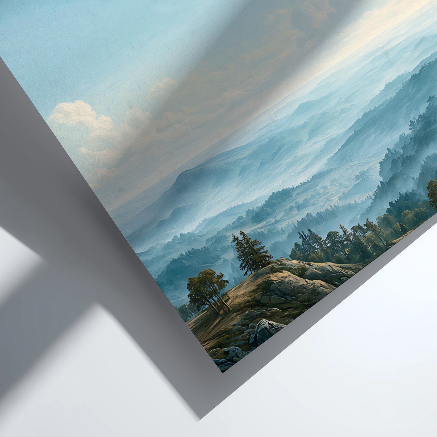 Poster featuring a misty mountain landscape with the quote I am the light.