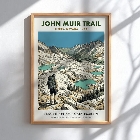 Poster of the John Muir Trail showing a hiker looking at alpine lakes.