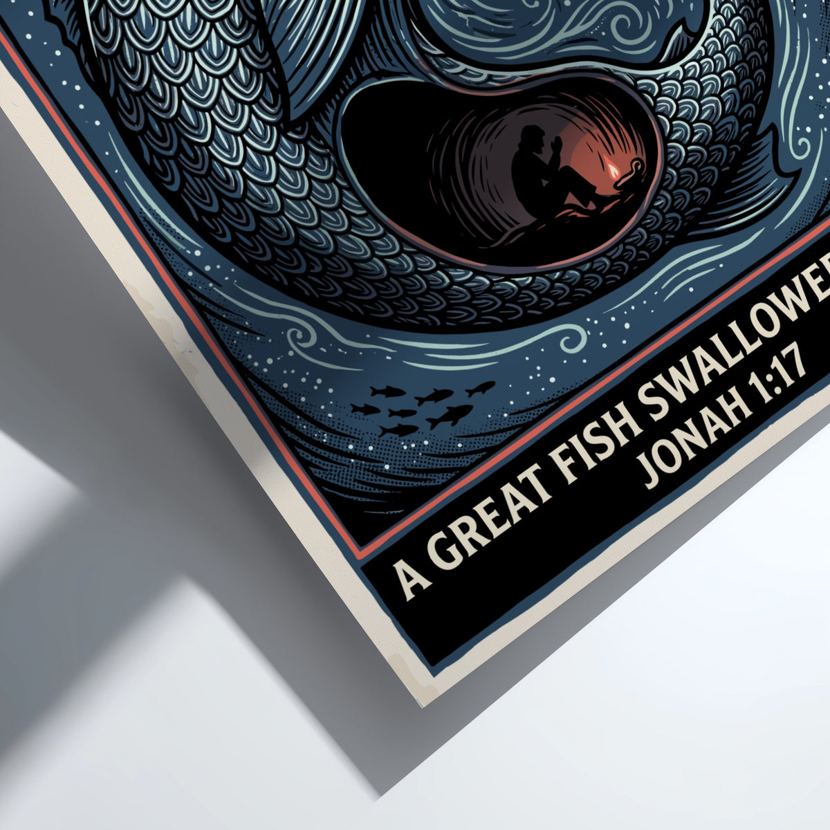 Poster featuring a large fish swallowing Jonah in a dark woodcut art style
