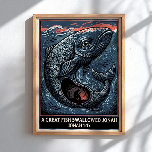 Poster featuring a large fish swallowing Jonah in a dark woodcut art style
