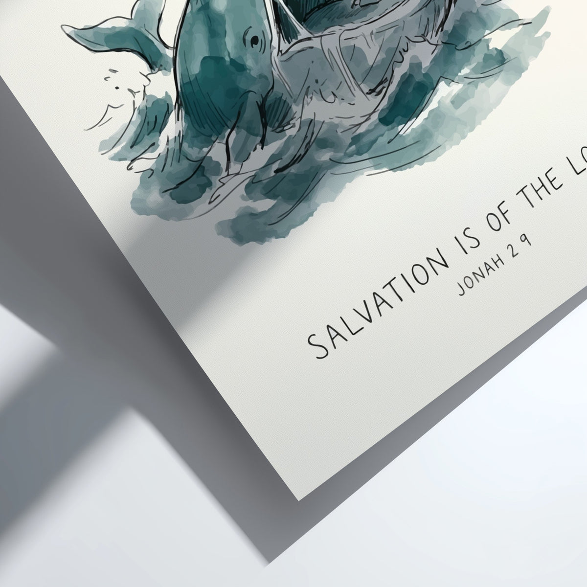 Poster showing Jonah praying inside a whale in blue watercolour on cream background