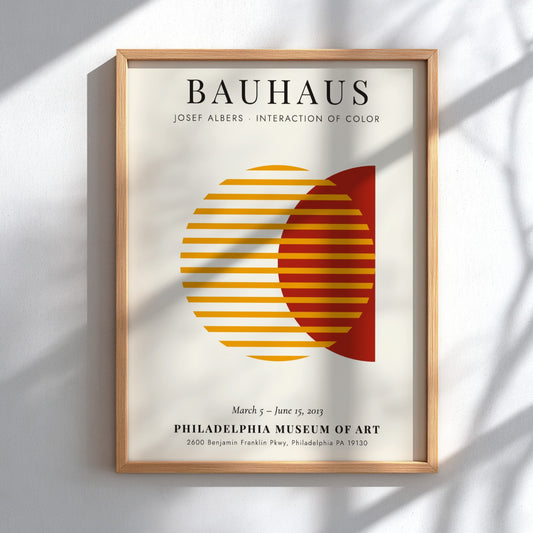 Bauhaus poster featuring Josef Albers' color interaction, geometric design with warm hues and modern style.