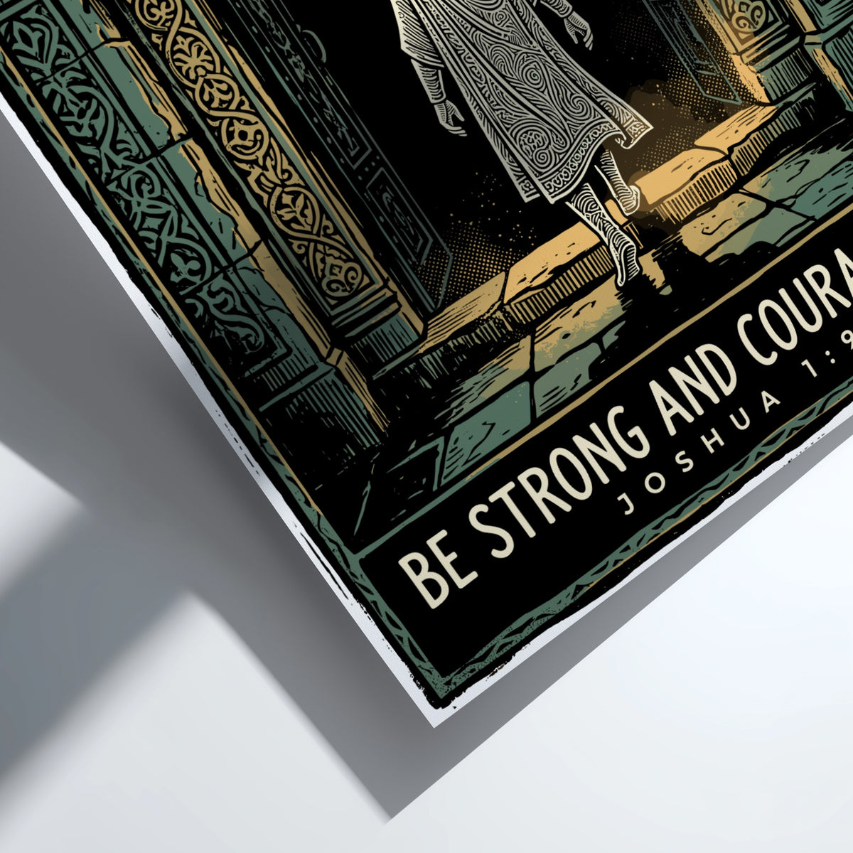 Poster featuring a figure walking through a stone archway with Be Strong and Courageous.