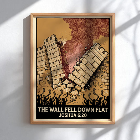 Poster featuring the wall fell down flat illustration with crumbling stone and horn-blowing figures.