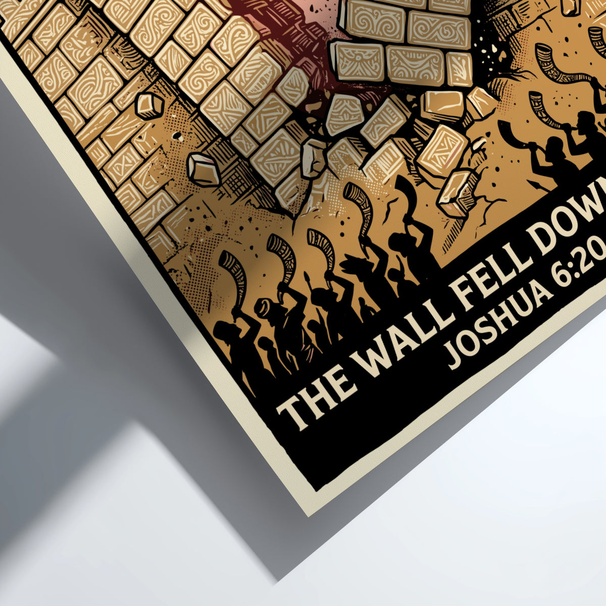 Poster featuring the wall fell down flat illustration with crumbling stone and horn-blowing figures.