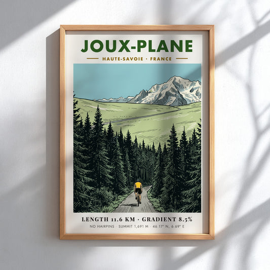 Poster of a cyclist climbing the winding road toward the snowy Joux-Plane mountain.