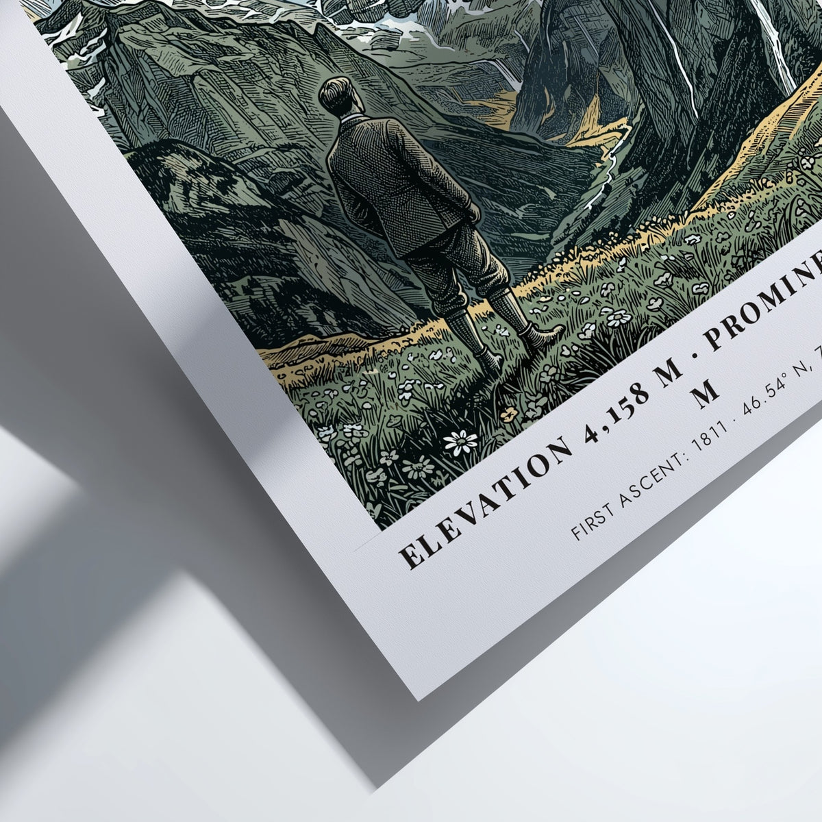 Poster of the Jungfrau mountain in the Bernese Alps with a hiker view.