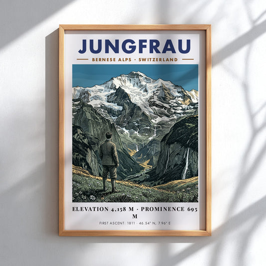 Poster of the Jungfrau mountain in the Bernese Alps with a hiker view.