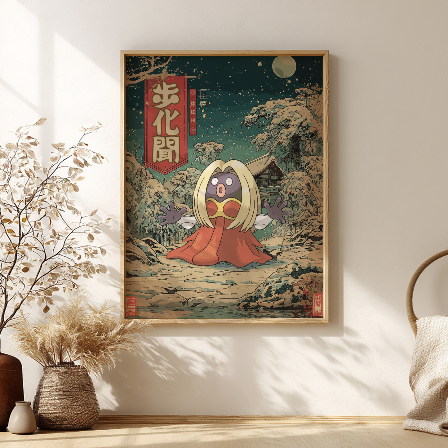 Framed artwork of Jynx Pokemon in a scenic setting on a wall.