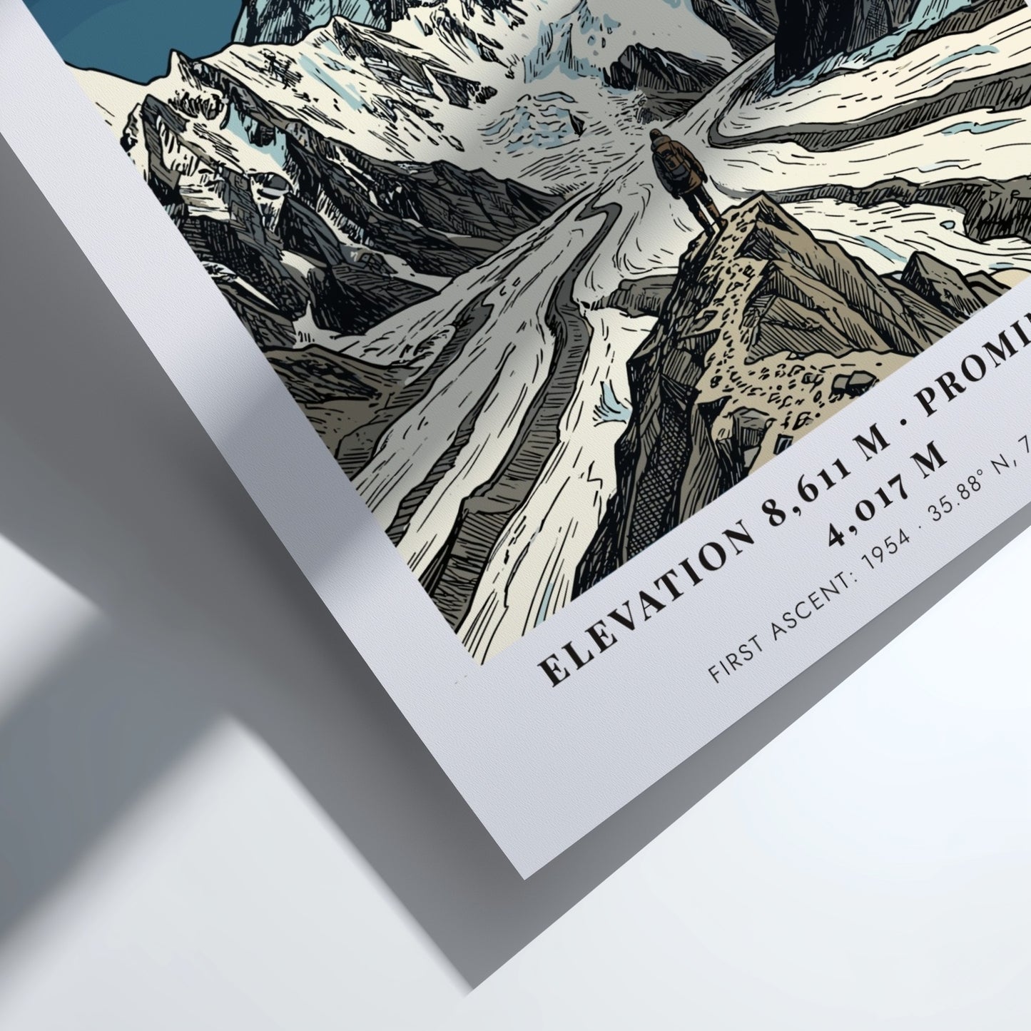Poster featuring K2 mountain with deep blue tones and a climber in front.