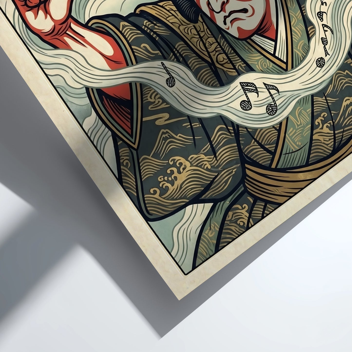 Kabuki actor waves poster featuring bold colors and traditional Japanese art style